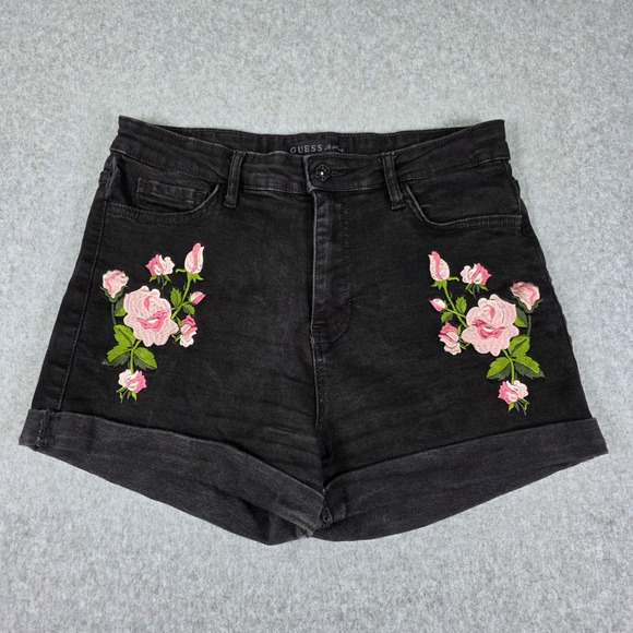 Guess Los Angeles Floral Embroidered Denim Jean Shorts Women's Size 28 Black‎ - Picture 2 of 15